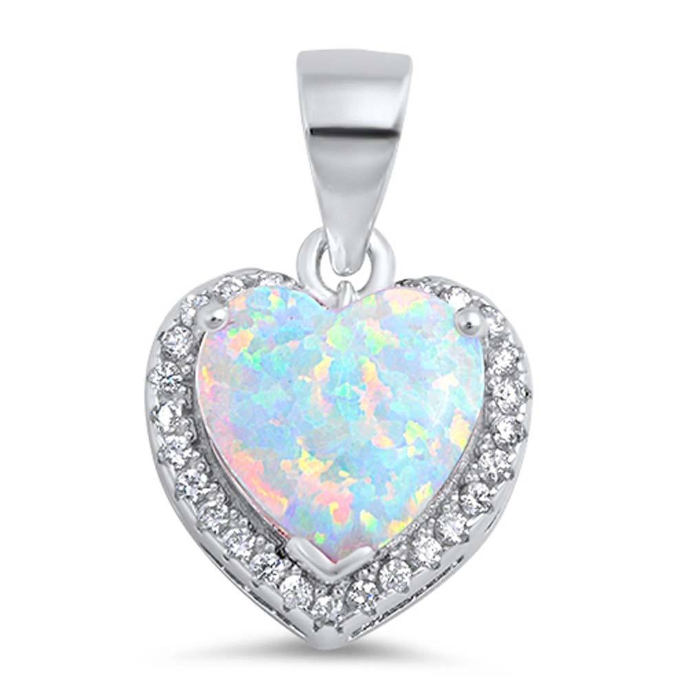 Sterling Silver Pendant With Heart Shaped White Lab Opal With CZ Stones