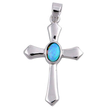 Load image into Gallery viewer, Sterling Silver Cross Shape Light Blue Lab Opal PendantAnd Pendant Height 27mm