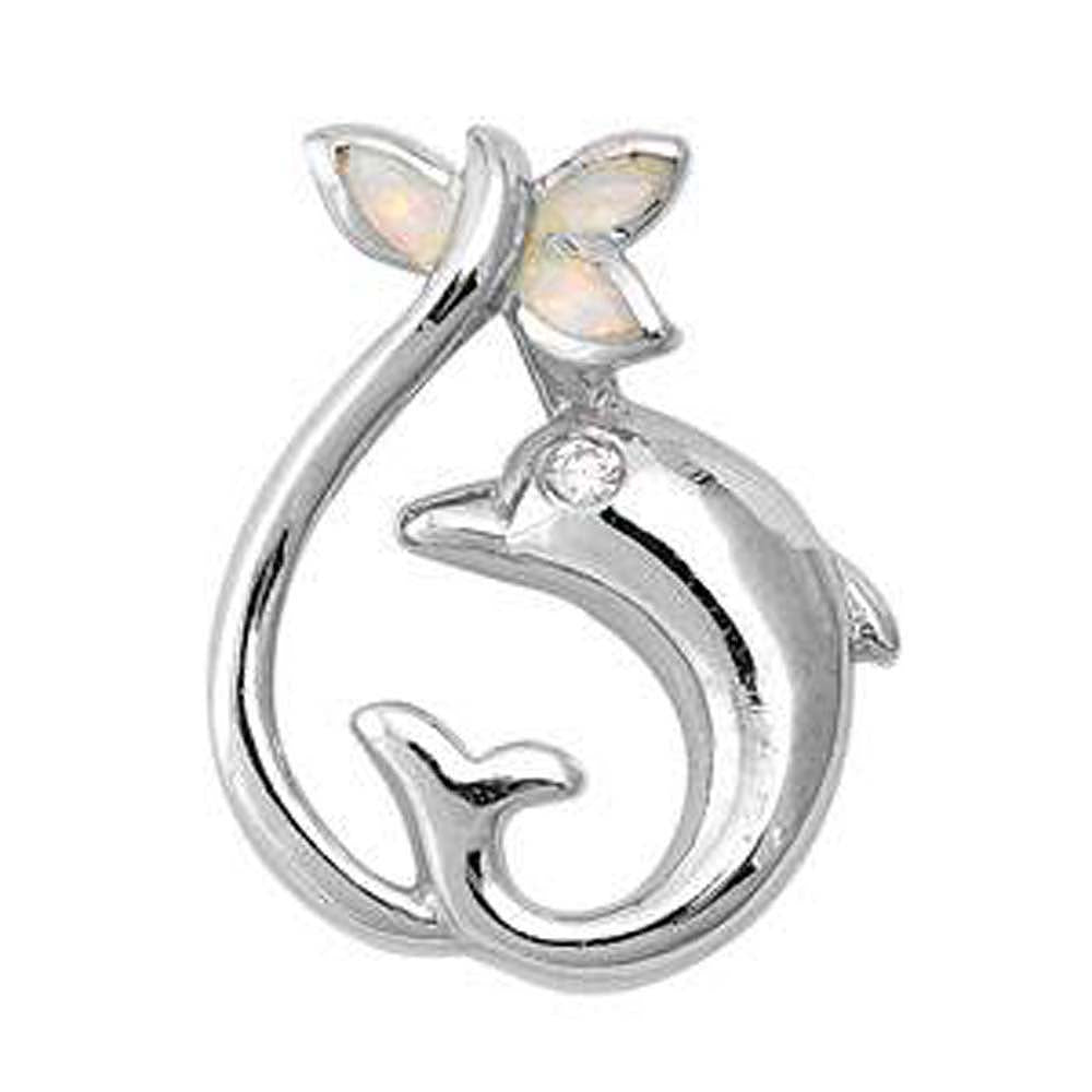 Sterling Silver Dolphin Shape White Lab Opal Pendant  CZ StoneAnd Pendant Height 21mm