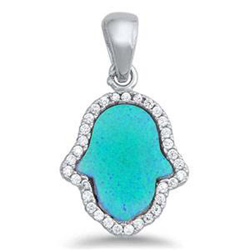Sterling Silver Hand Of God Shape Blue Lab Opal Pendant  with CZ StonesAnd Pendant Height 19mm