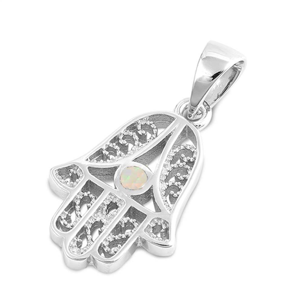 Sterling Silver Pendant With Hamsa Shaped White Lab Opal