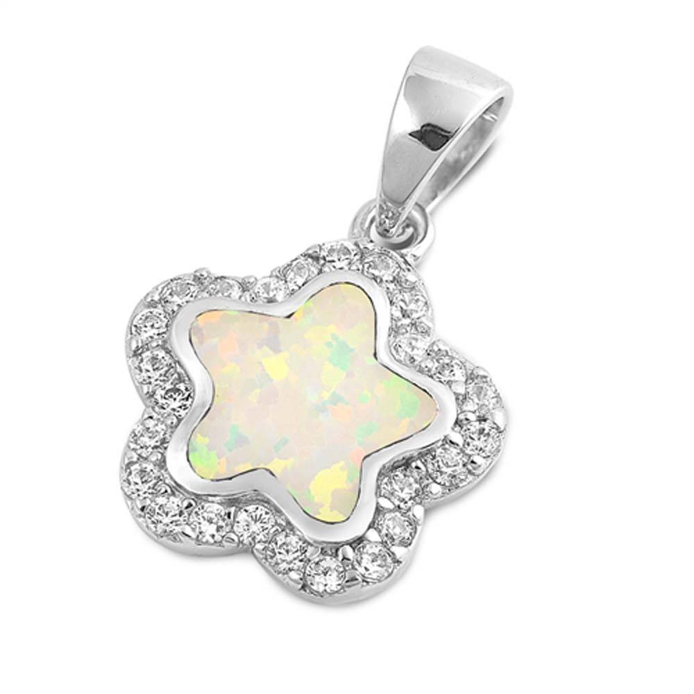 Sterling Silver Pendant With Flower Shaped White Lab Opal