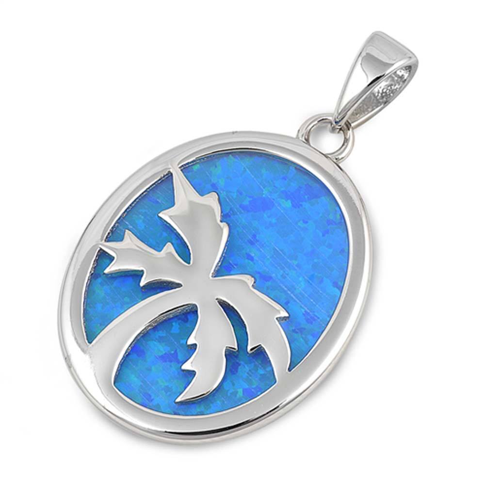 Sterling Silver Palm Tree Shape With Blue Lab Opal PendantAnd Pendant Height 25mm