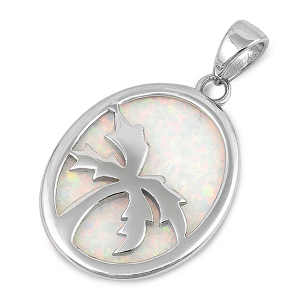 Sterling Silver Palm Tree Shape With White Lab Opal PendantAnd Pendant Height 25mm