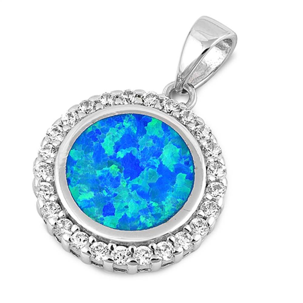 Sterling Silver Round Shape With Blue Lab Opal Pendant With CZ StonesAnd Pendant Height 19mm