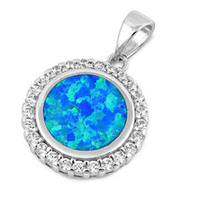 Load image into Gallery viewer, Sterling Silver Round Shape With Blue Lab Opal Pendant With CZ StonesAnd Pendant Height 19mm