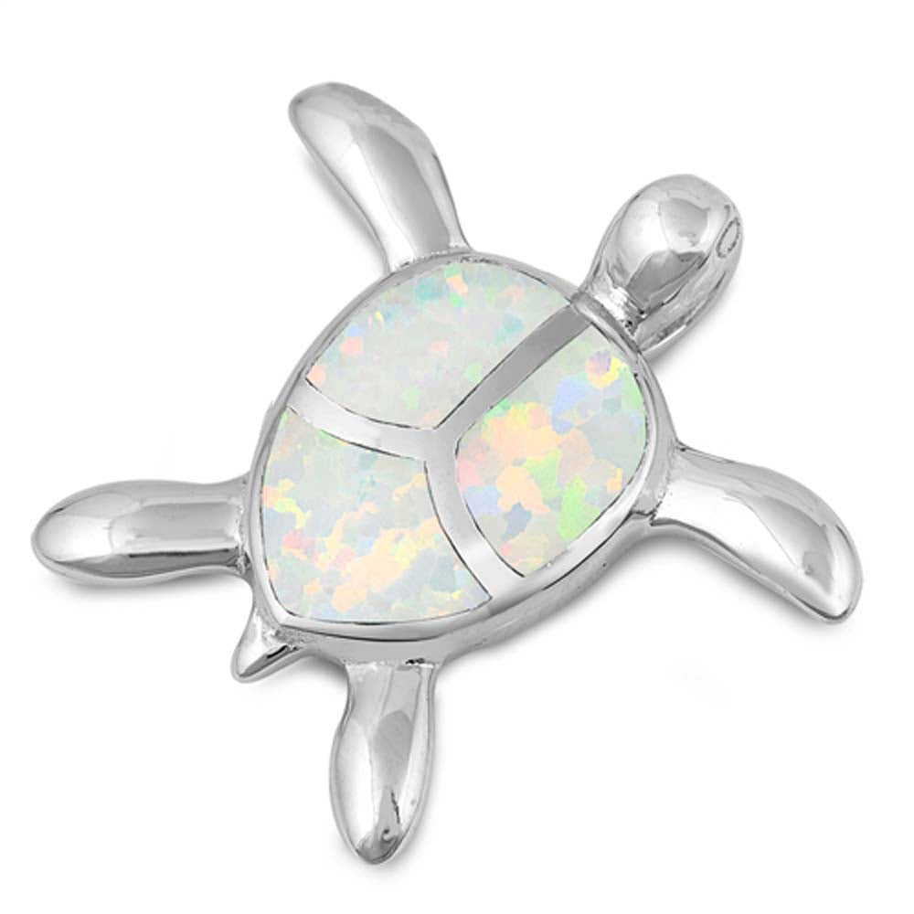 Sterling Silver White Lab Opal Turtle Shaped Pendant