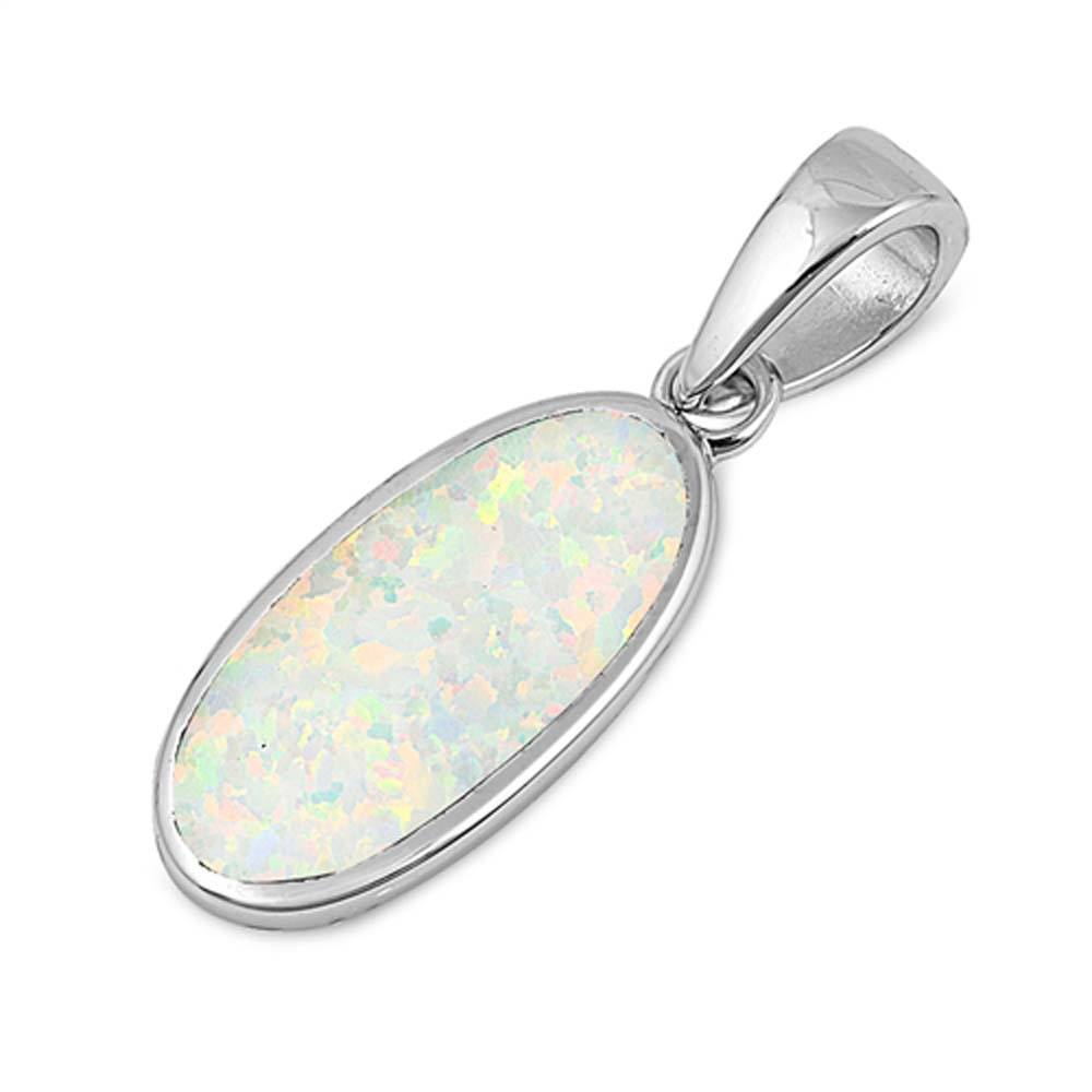 Sterling Silver Oval Shape With White Lab Opal PendantAnd Pendant Height 23mm