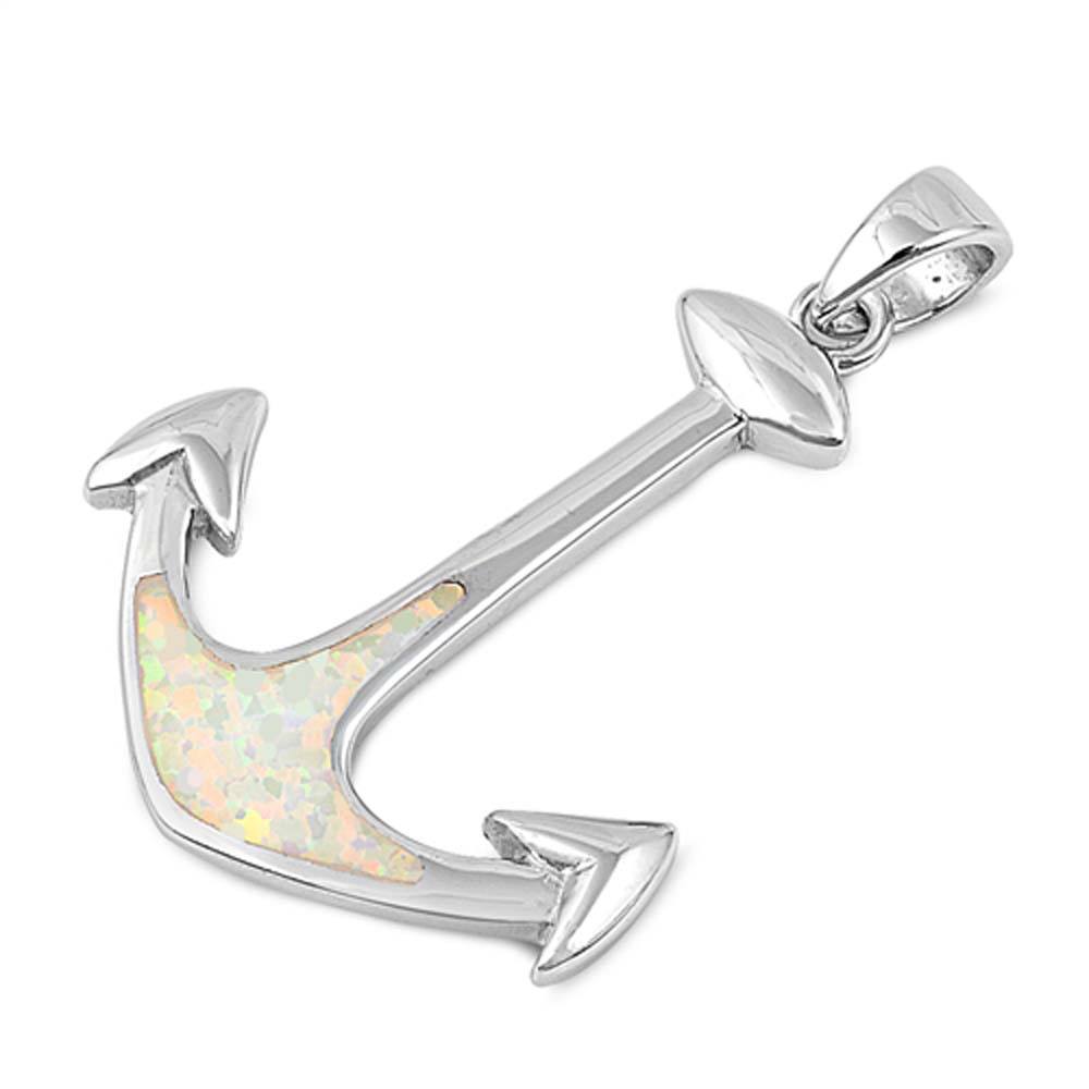 Sterling Silver Anchor Shape With White Lab Opal PendantAnd Pendant Height 30mm