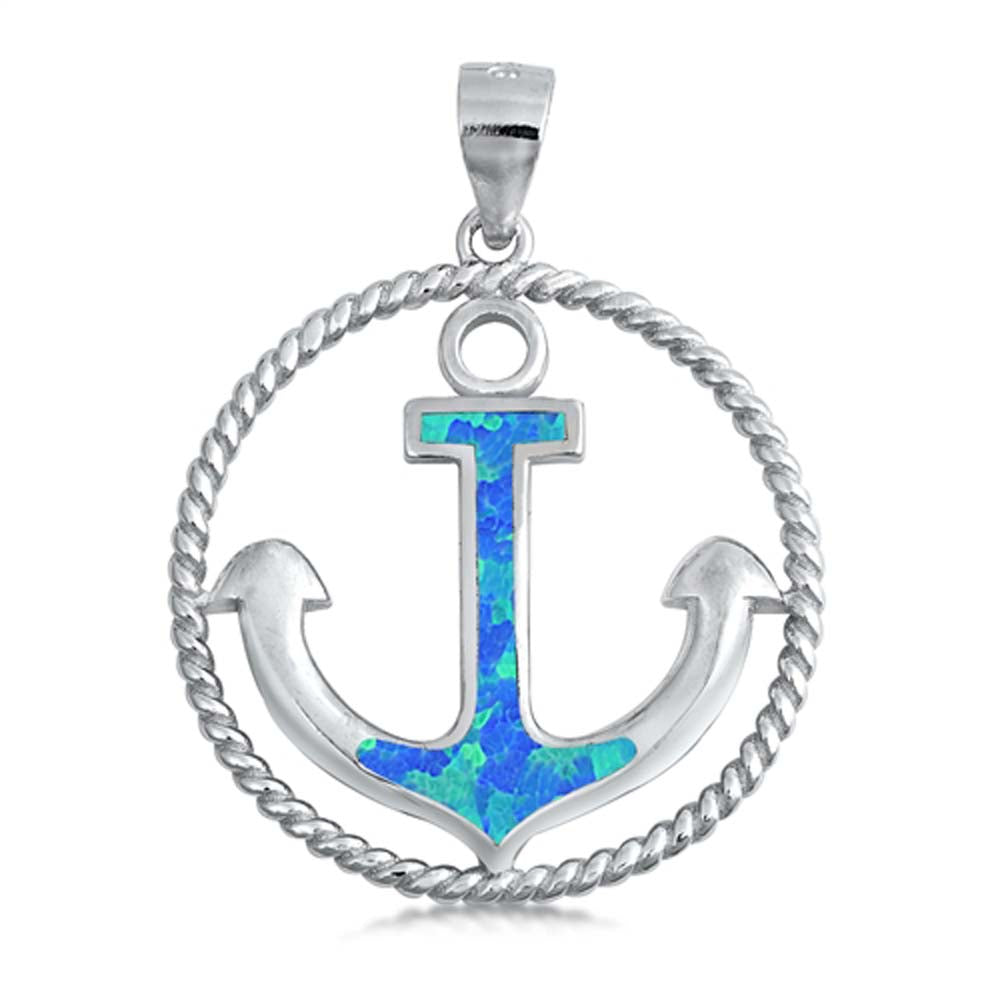 Sterling Silver Blue Lab Opal Anchor Pendant