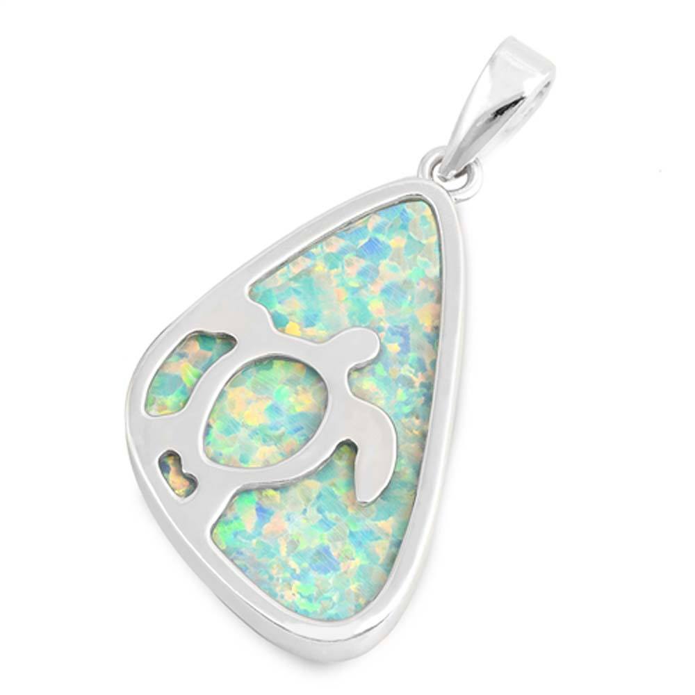 Sterling Silver Turtle Shape With White Lab Opal PendantAnd Pendant Height 27mm