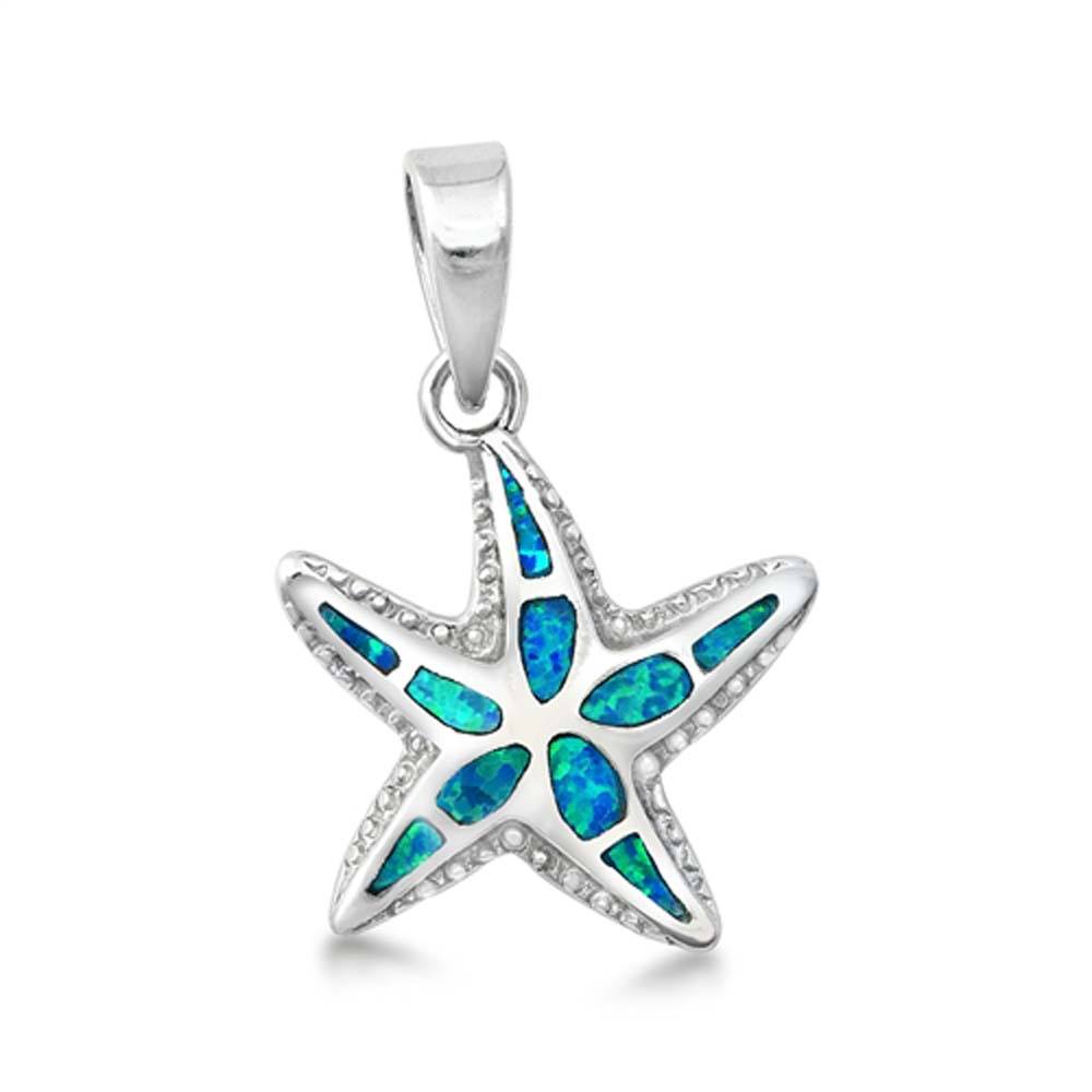 Sterling Silver Starfish Shape With Blue Lab Opal PendantAnd Pendant Height 17mm