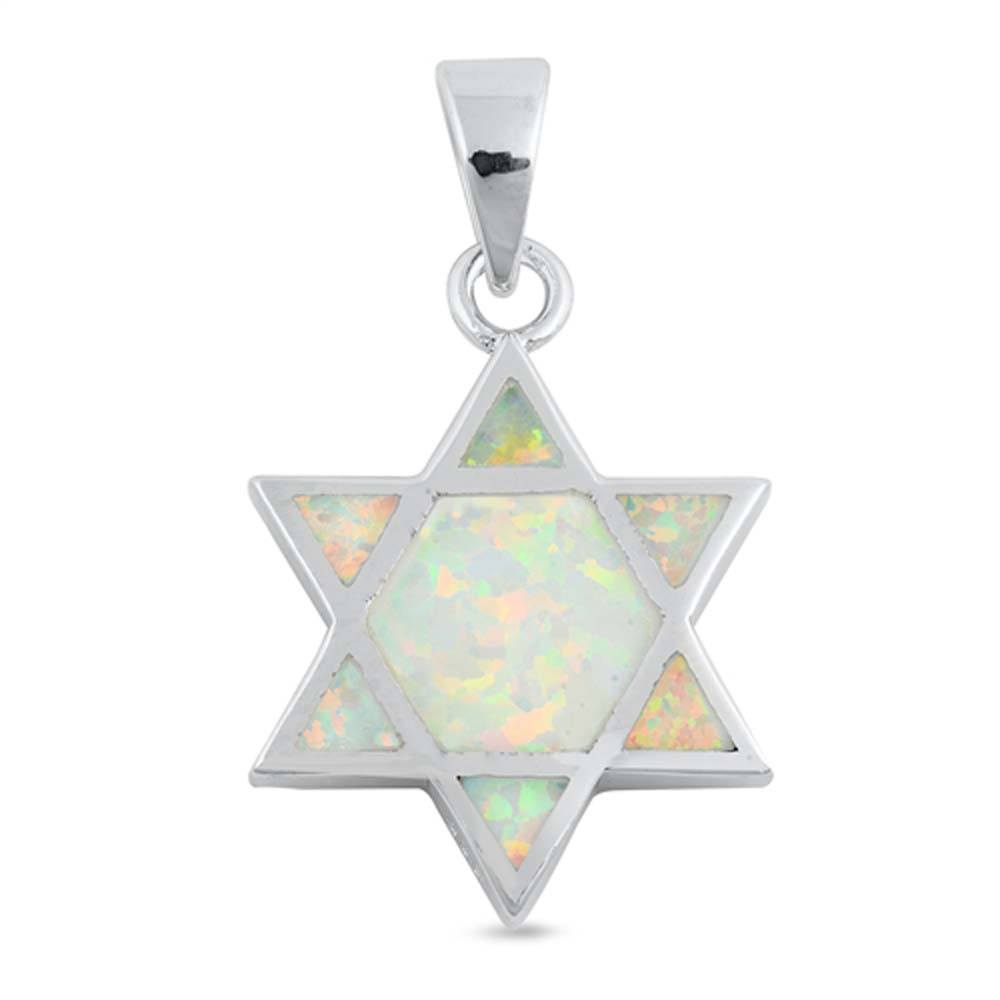 Sterling Silver  With Lab Opal Jewish Star Plain Pendant