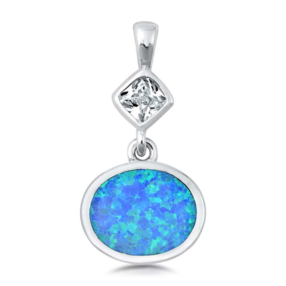 Sterling Silver Blue Lab Opal Oval Shaped Pendant With Clear CZ