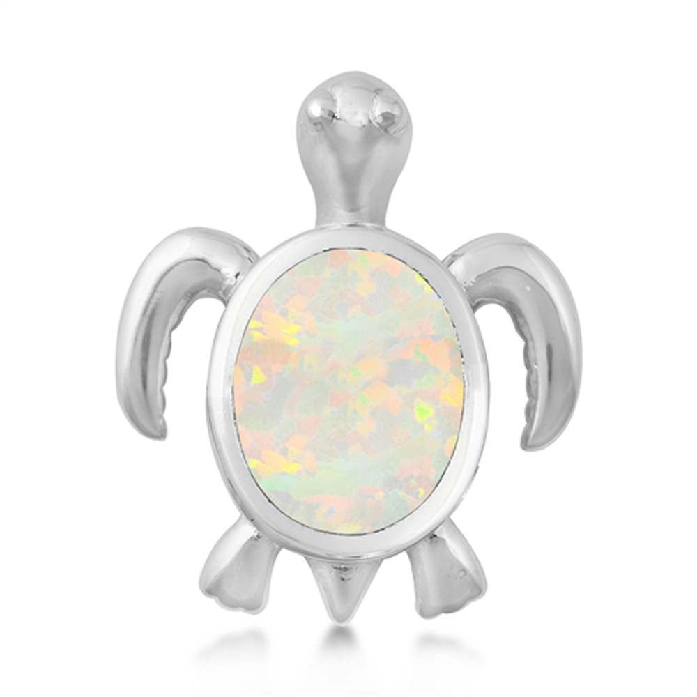 Sterling Silver White Lab Opal Turtle Pendant