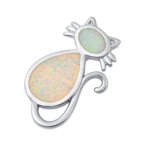 Sterling Silver White Lab Opal Cat Shaped Pendant