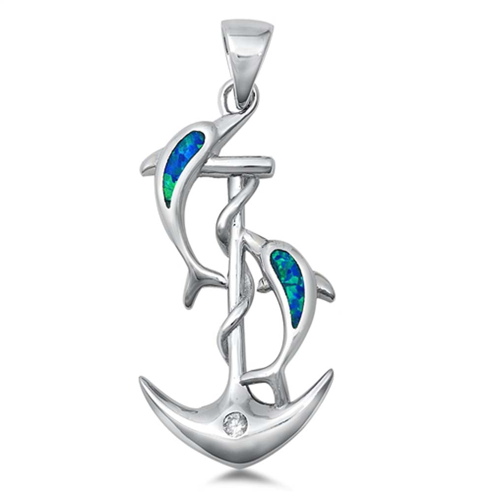 Sterling Silver Blue Lab Opal Anchor and Dolphins Pendant