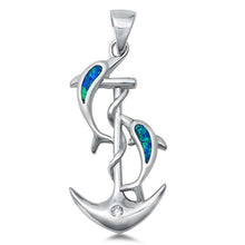 Load image into Gallery viewer, Sterling Silver Blue Lab Opal Anchor and Dolphins Pendant