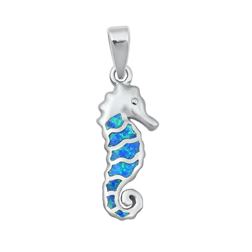 Sterling Silver Blue Lab Opal Sea Horse Shaped Pendant