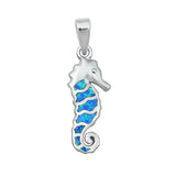 Sterling Silver Blue Lab Opal Sea Horse Shaped Pendant