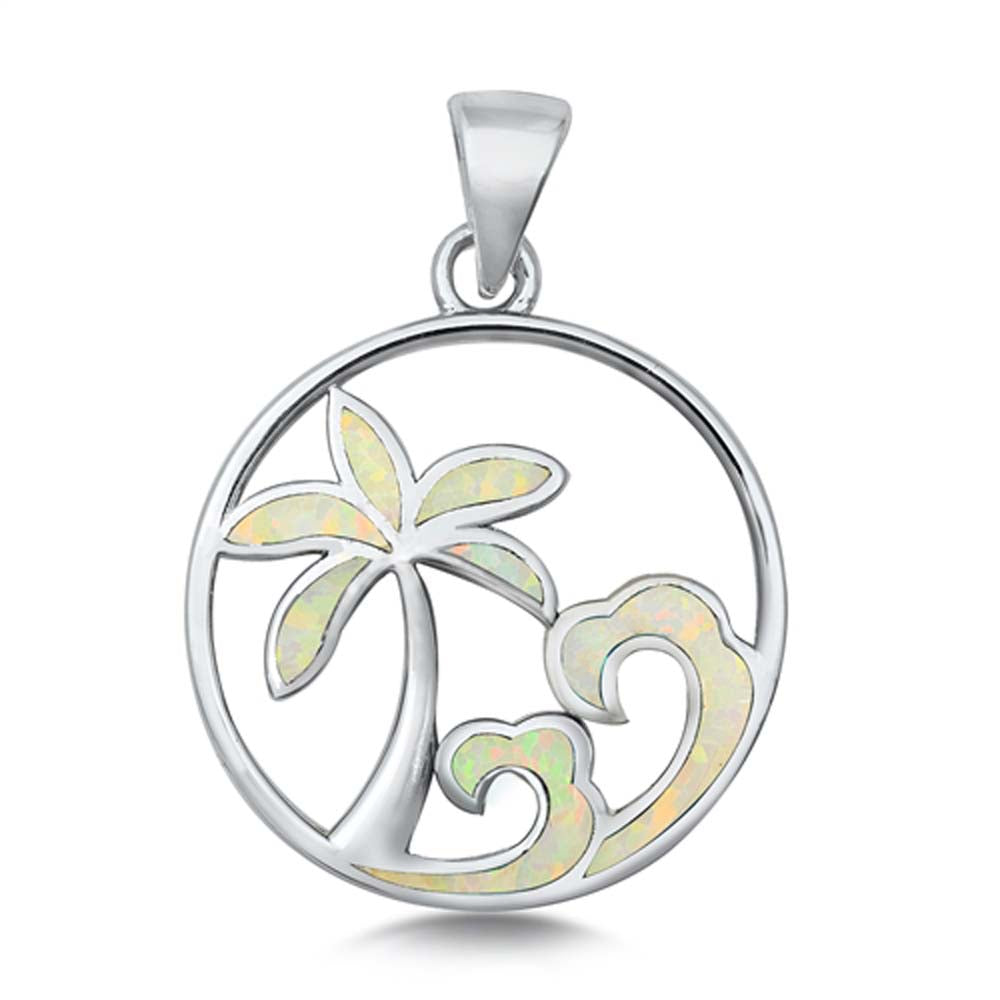 Sterling Silver White Lab Opal Waves and Palm Trees Pendant