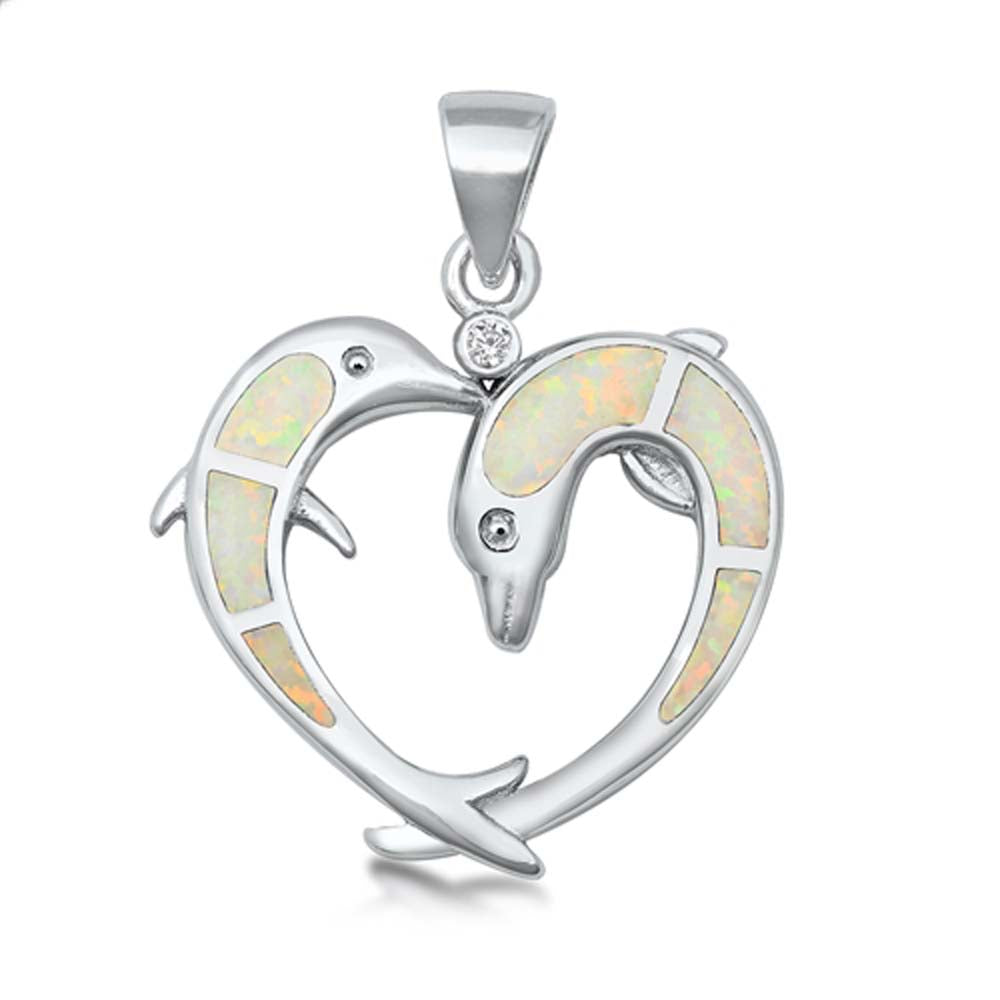 Sterling Silver White Lab Opal Dolphin Hearts Pendant