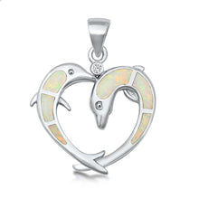 Load image into Gallery viewer, Sterling Silver White Lab Opal Dolphin Hearts Pendant