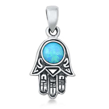 Load image into Gallery viewer, Sterling Silver Light Blue Lab Opal Hamsa Pendant