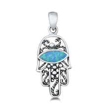 Load image into Gallery viewer, Sterling Silver Light Blue Lab Opal Hamsa Pendant