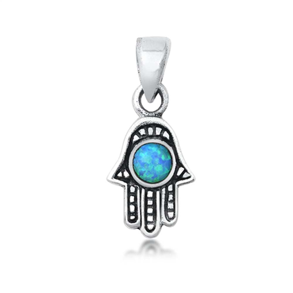 Sterling Silver Light Blue Lab Opal Hamsa Pendant