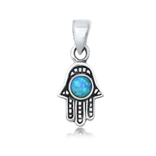 Load image into Gallery viewer, Sterling Silver Light Blue Lab Opal Hamsa Pendant