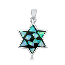 Load image into Gallery viewer, Sterling Silver Light Blue Lab Opal Jewish Star Pendant