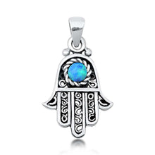 Load image into Gallery viewer, Sterling Silver Light Blue Lab Opal Hamsa Pendant