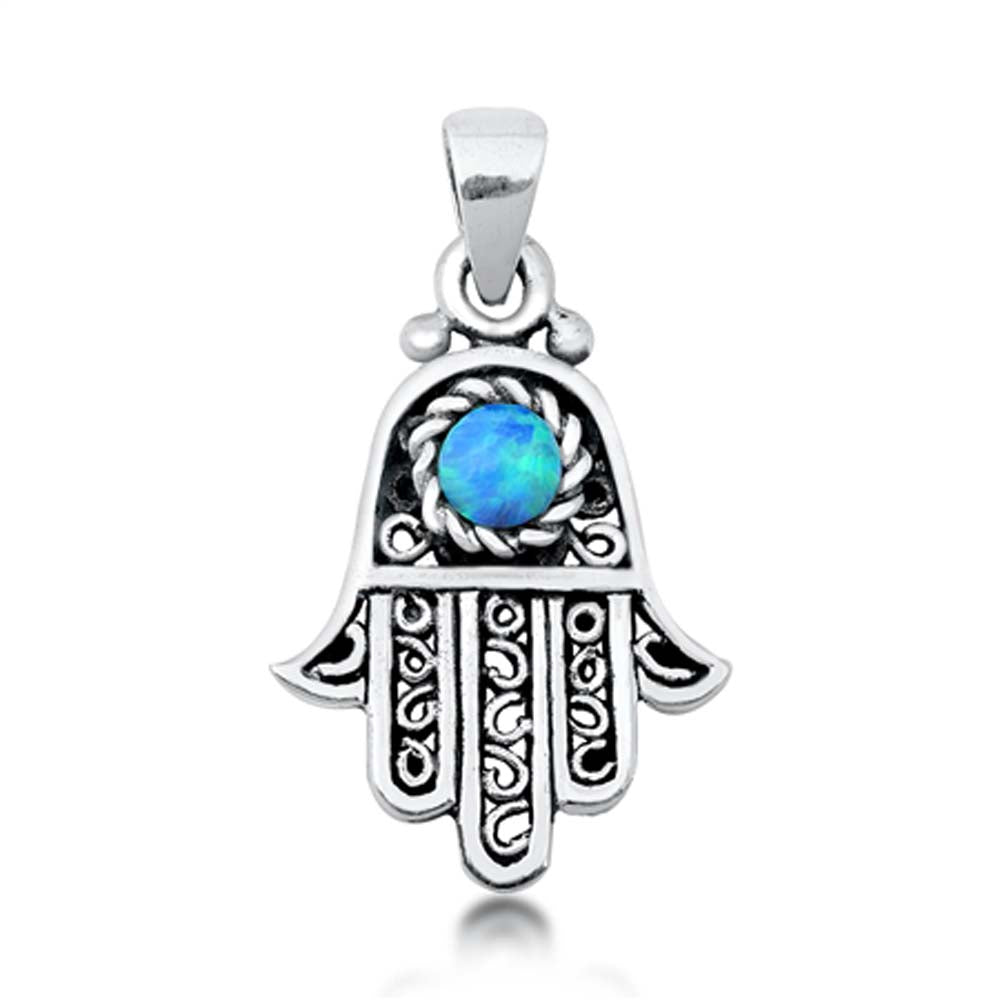 Sterling Silver Light Blue Lab Opal Hamsa Pendant