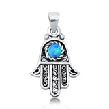 Sterling Silver Light Blue Lab Opal Hamsa Pendant