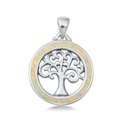 Sterling Silver White Lab Opal Tree of Life Pendant