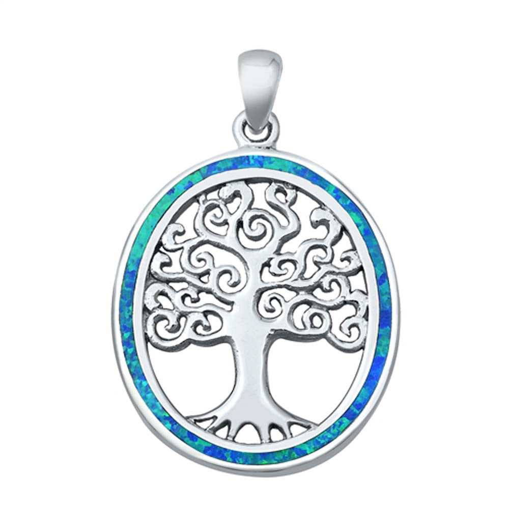 Sterling Silver Blue Lab Opal Tree of Life Pendant