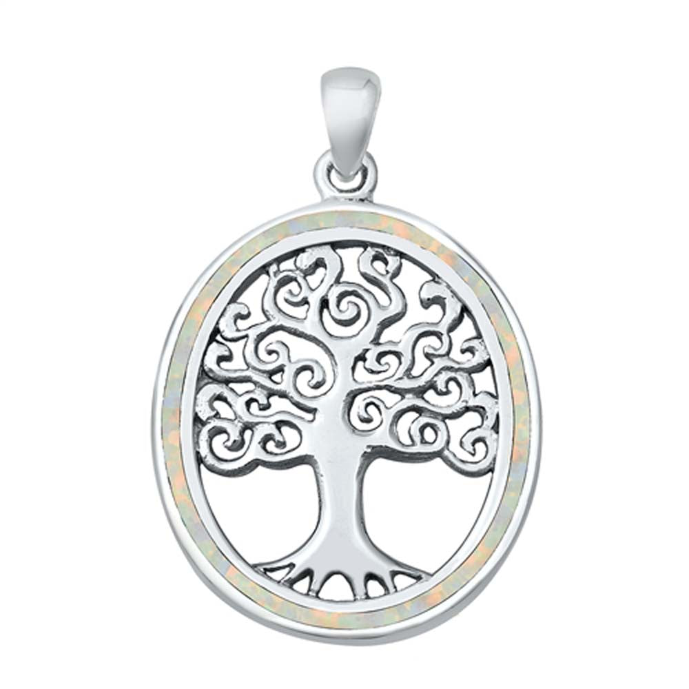 Sterling Silver White Lab Opal Tree of Life Pendant