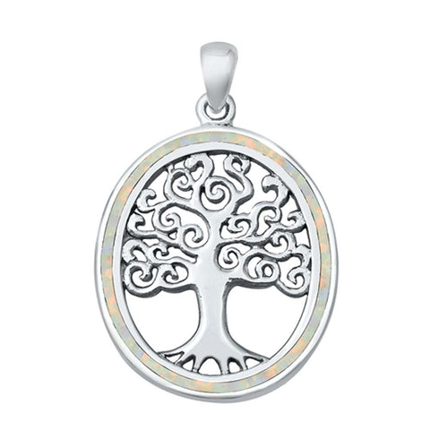 Sterling Silver White Lab Opal Tree of Life Pendant