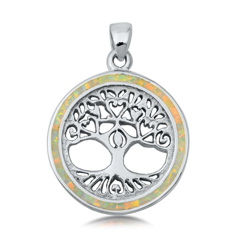 Sterling Silver White Lab Opal Tree of Life Pendant