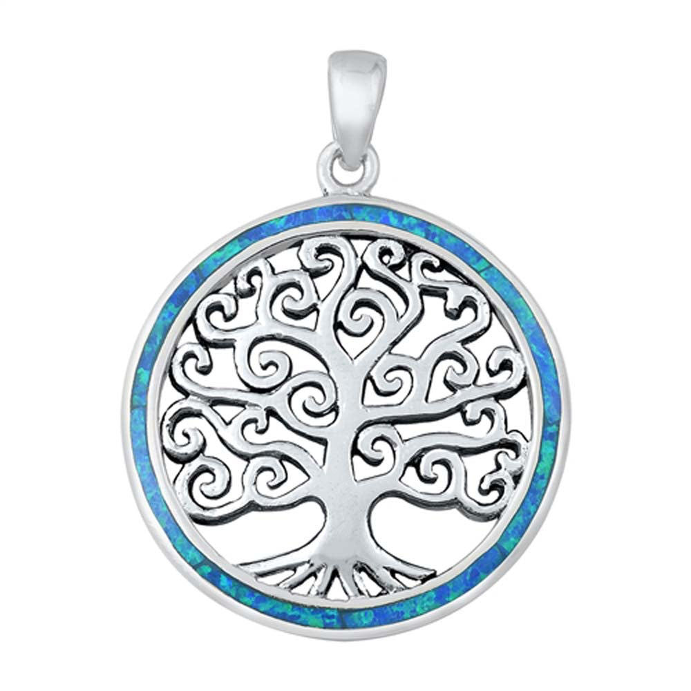 Sterling Silver Blue Lab Opal Tree of Life Pendant