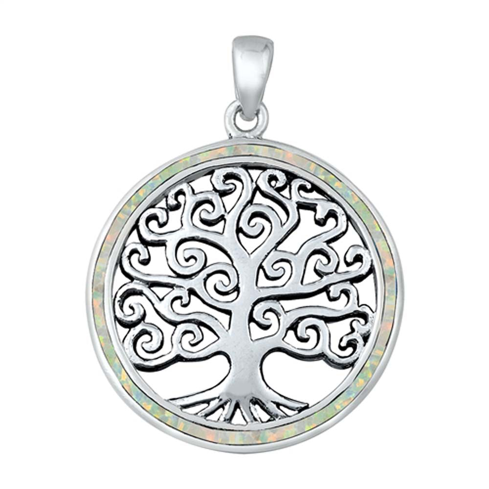 Sterling Silver White Lab Opal Tree of Life Pendant