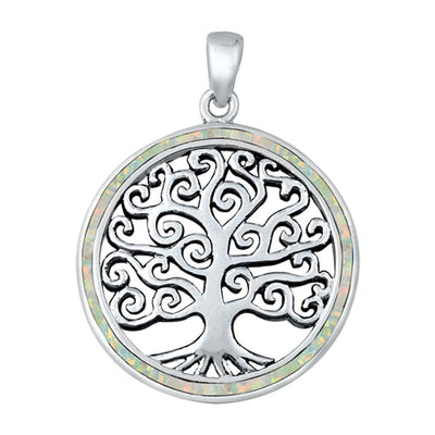 Sterling Silver White Lab Opal Tree of Life Pendant