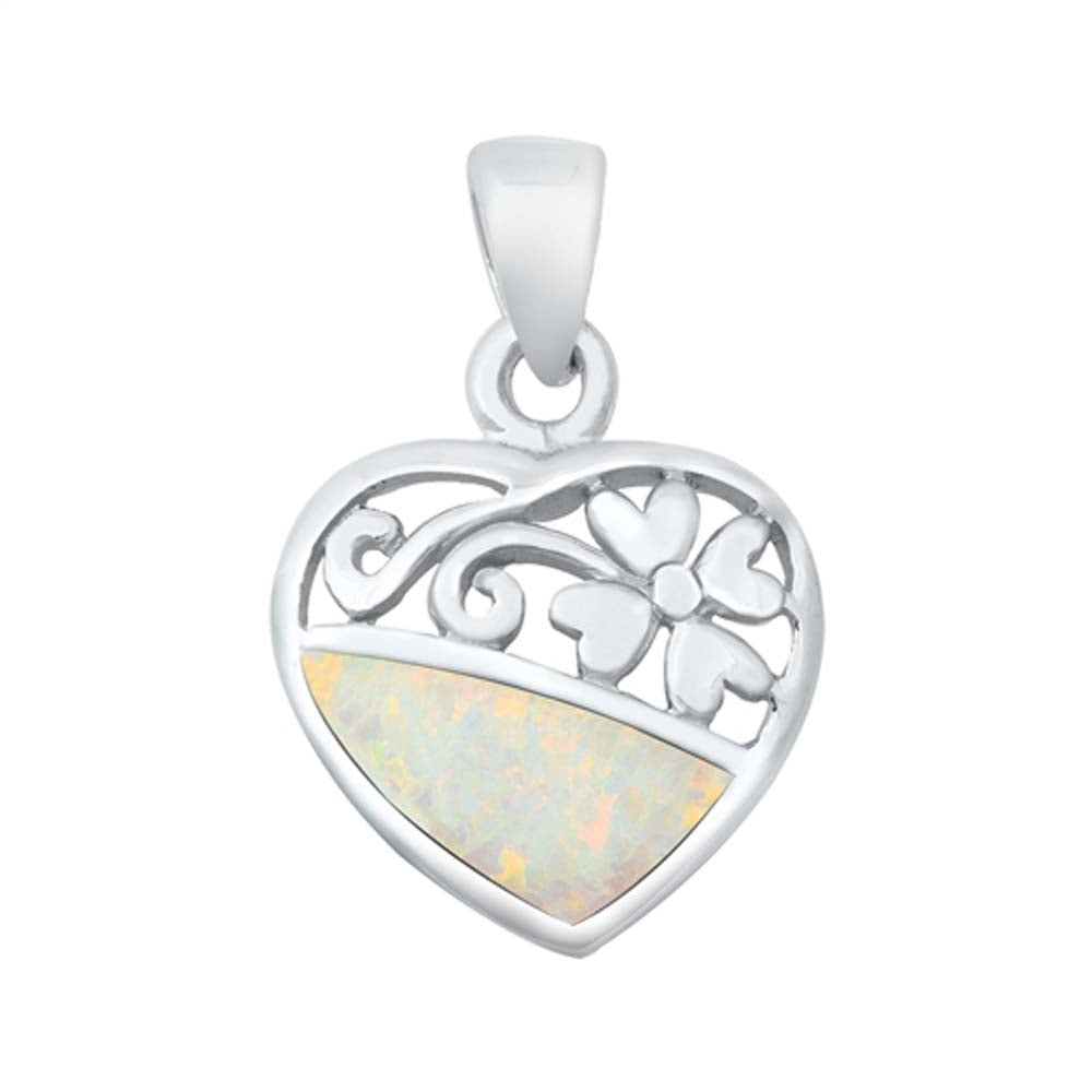 Sterling Silver White Lab Opal Heart and Flower Pendant