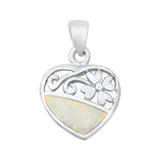 Sterling Silver White Lab Opal Heart and Flower Pendant