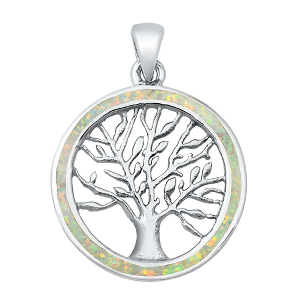 Sterling Silver White Lab Opal Tree of Life Pendant