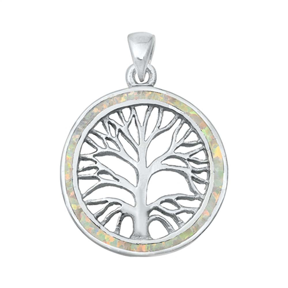 Sterling Silver White Lab Opal Tree Roots Pendant