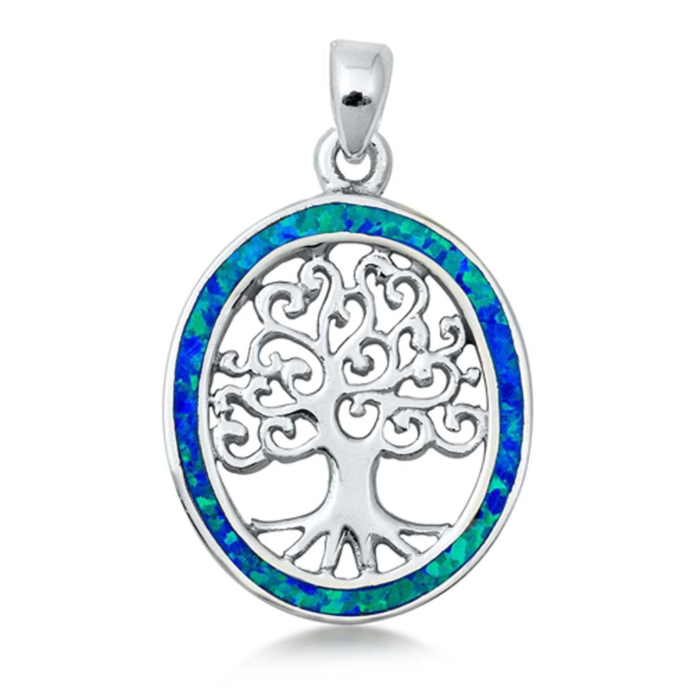 Sterling Silver Blue Lab Opal Tree of Life Pendant