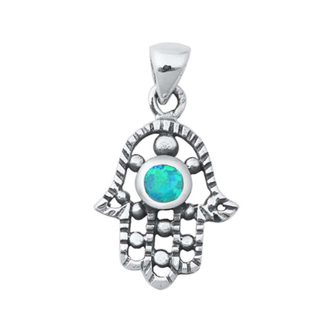 Sterling Silver Light Blue Lab Opal Hamsa Pendant