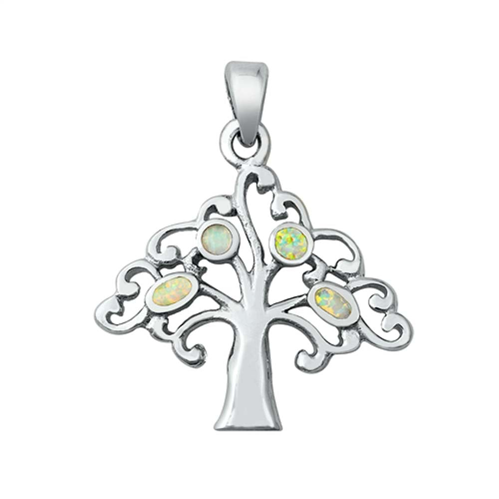 Sterling Silver White Lab Opal Tree Pendant